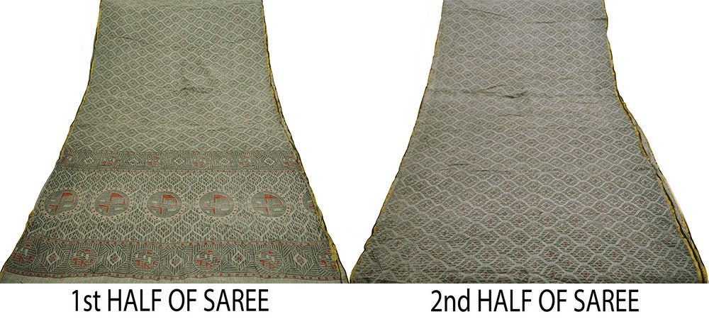 Indian Vintage Sari Gray & Black block Printed Pure Cotton Saree Craft Soft Fabric 5Yard Sewing Sarong Wrap Boho Zari