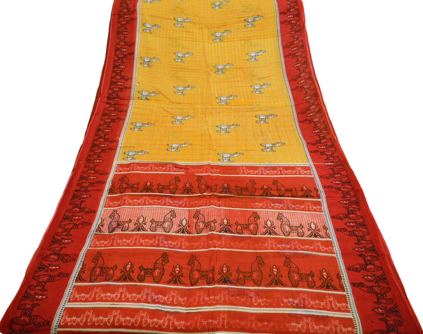 Indian Vintage Sari Red & Mustard Pure Cotton Printed Sarees Fabric 5yd Sewing Craft Fabric DressMaking Soft