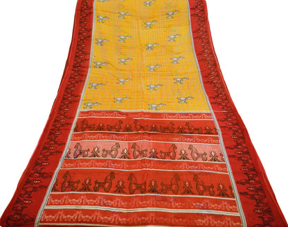 Indian Vintage Sari Red & Mustard Pure Cotton Printed Sarees Fabric 5yd Sewing Craft Fabric DressMaking Soft