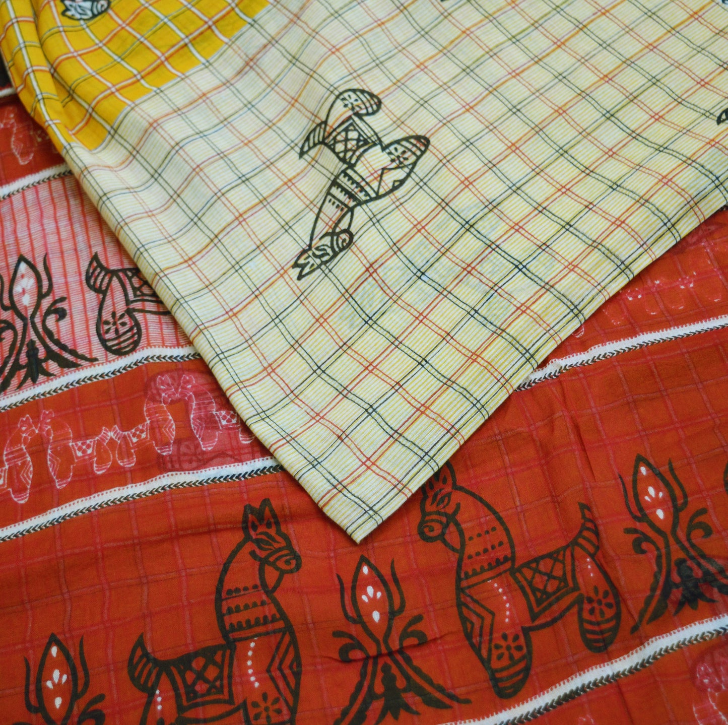Indian Vintage Sari Red & Mustard Pure Cotton Printed Sarees Fabric 5yd Sewing Craft Fabric DressMaking Soft