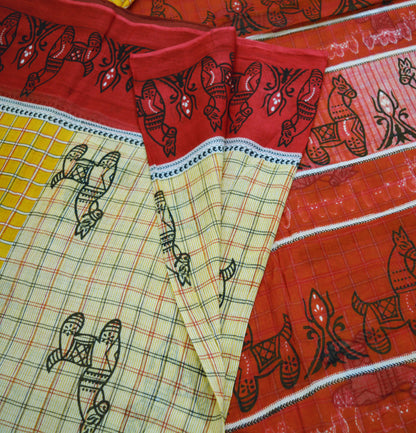 Indian Vintage Sari Red & Mustard Pure Cotton Printed Sarees Fabric 5yd Sewing Craft Fabric DressMaking Soft