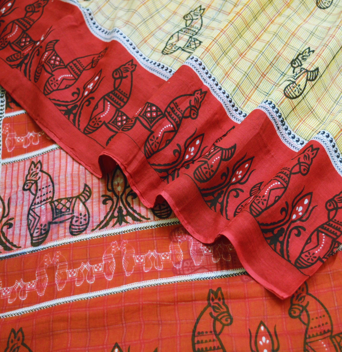 Indian Vintage Sari Red & Mustard Pure Cotton Printed Sarees Fabric 5yd Sewing Craft Fabric DressMaking Soft