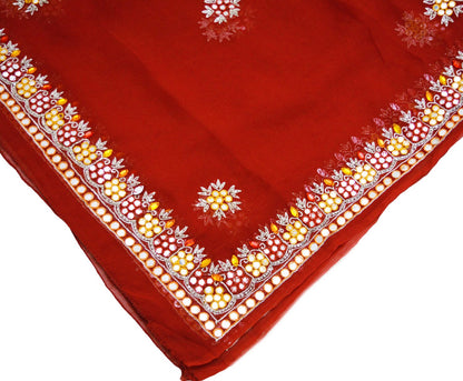 Vintage Red & Saffron Dupatta Long Stole Pure Georgette Silk Hand Embroidered Indian Scarves Veil Hijab Floral Zari