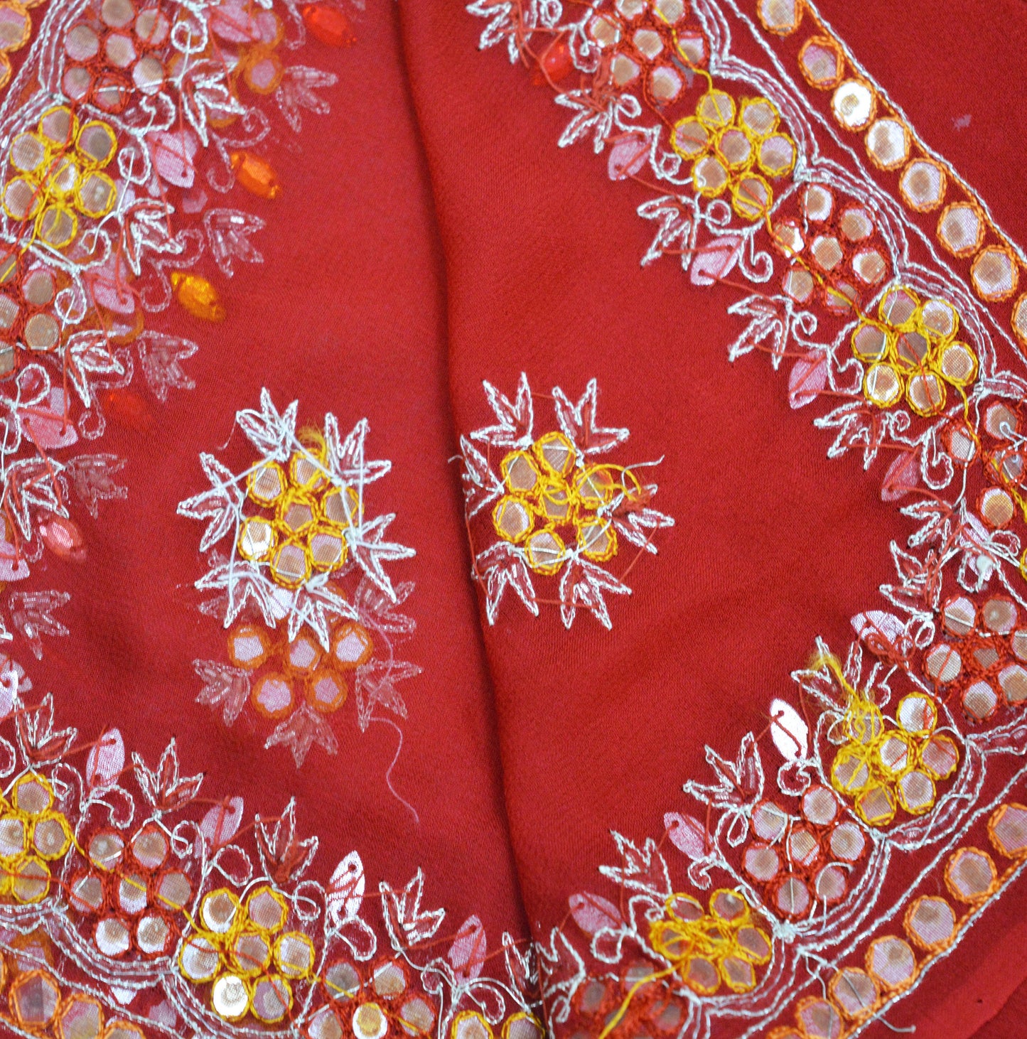 Vintage Red & Saffron Dupatta Long Stole Pure Georgette Silk Hand Embroidered Indian Scarves Veil Hijab Floral Zari