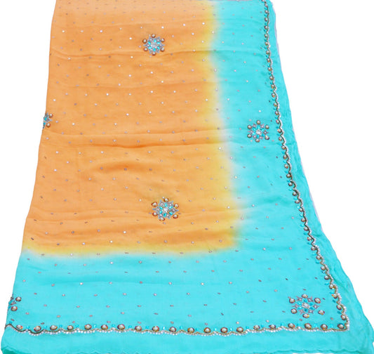 Indian Vintage Blue & Orange Dupatta Pure silk Long Stole Hand Embroidered Scarves Floral Design Stole Veil Wrap