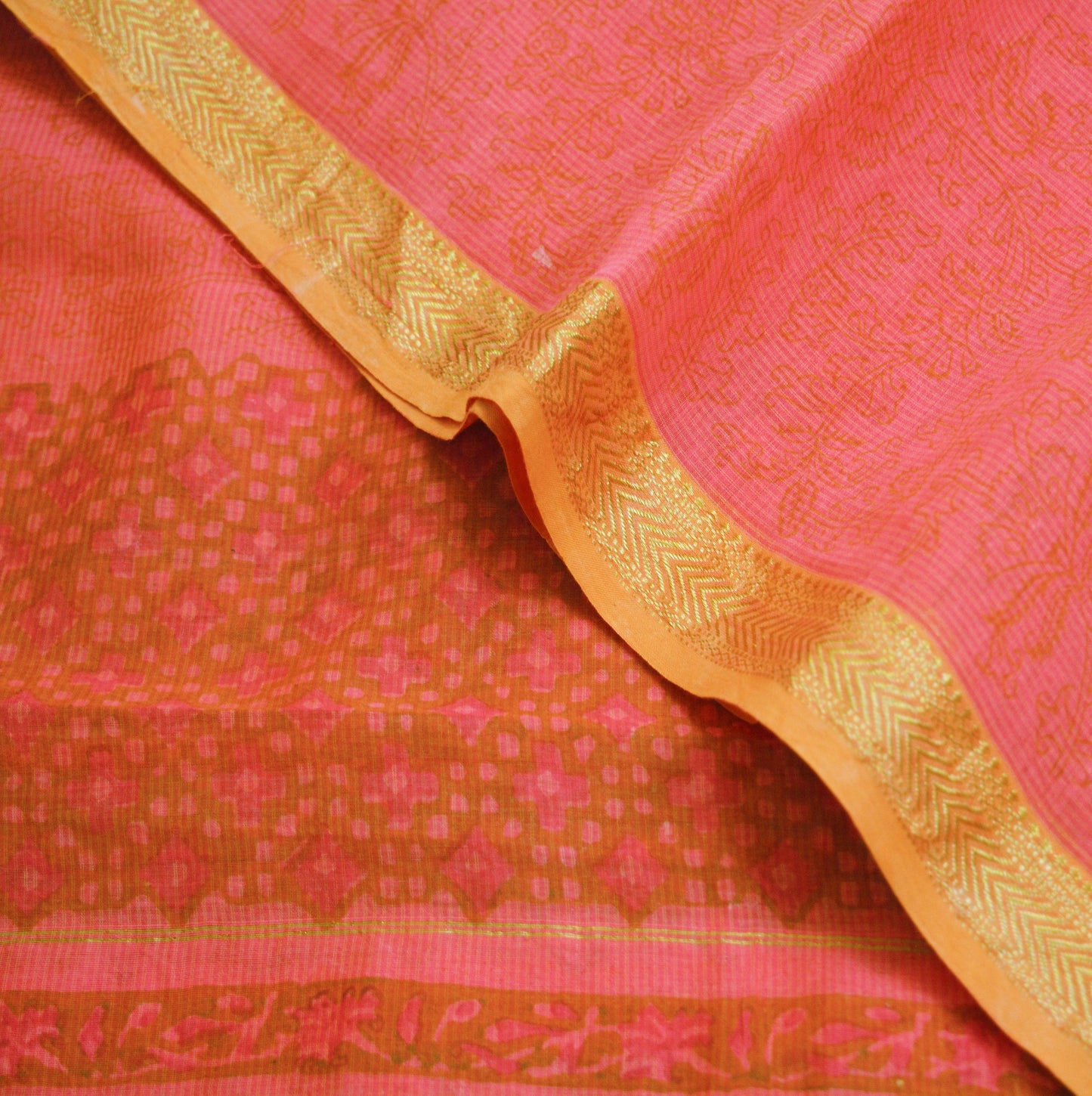 Indian Vintage Pink Dupatta Long Stole Block Print Pure Chanderi Silk Indian Scarves Veil Golden Zari Soft Paisley Design