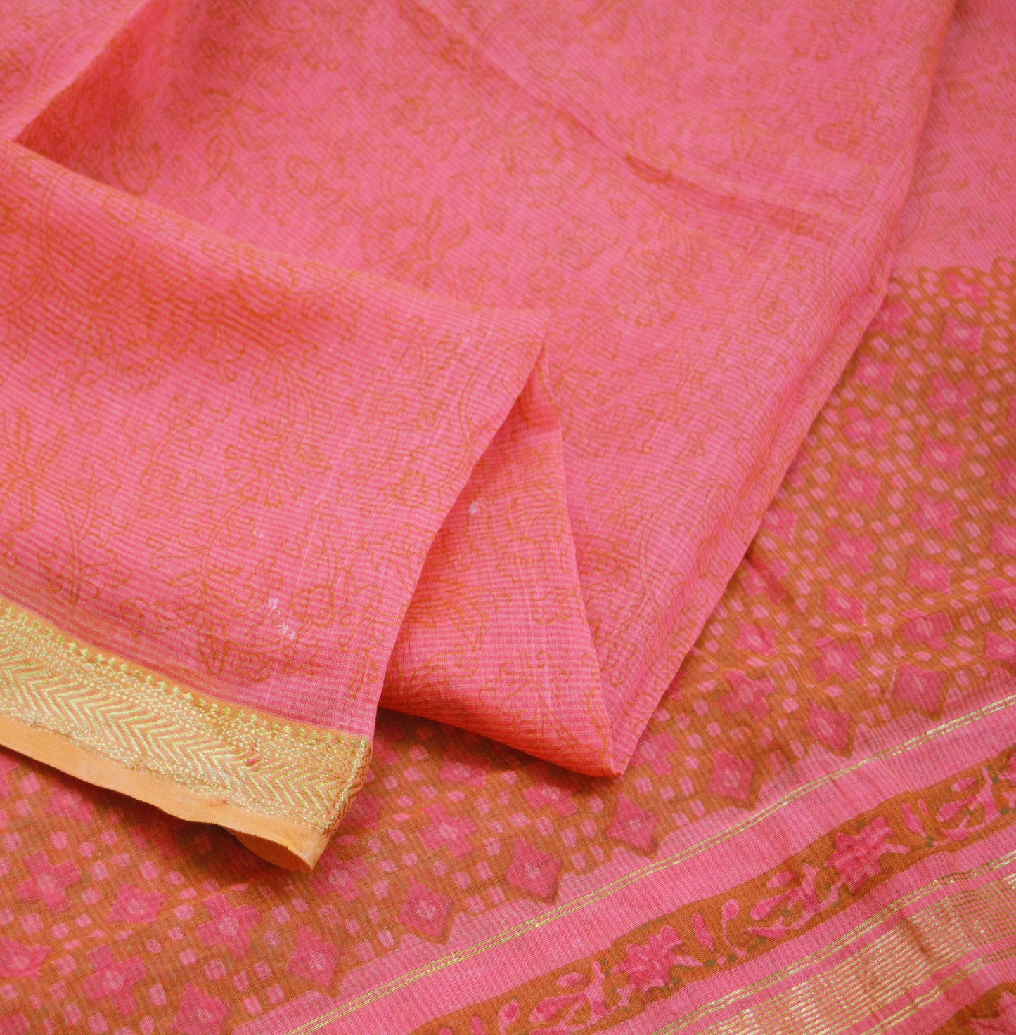 Indian Vintage Pink Dupatta Long Stole Block Print Pure Chanderi Silk Indian Scarves Veil Golden Zari Soft Paisley Design