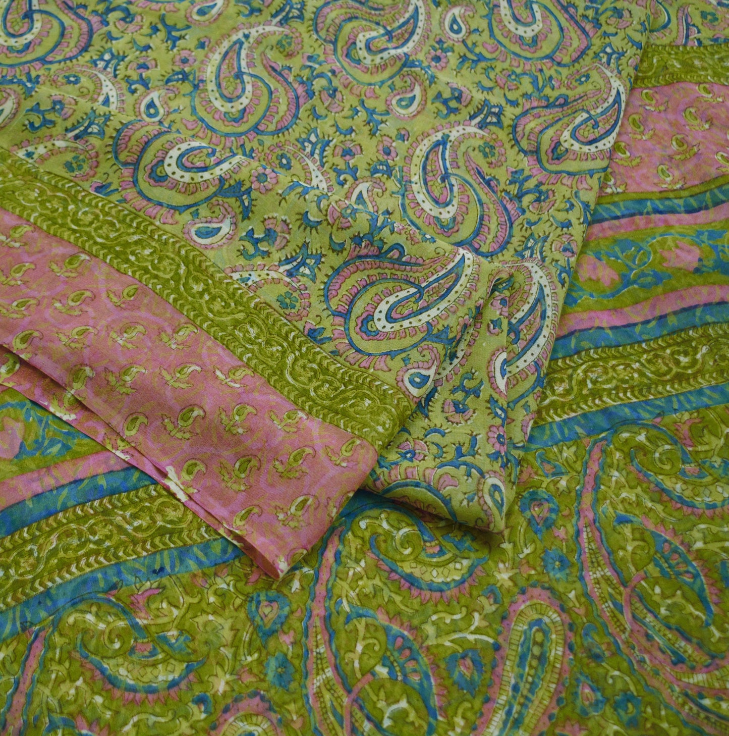 Women Vintage Sari Green 100% Pure Georgette Silk Block Printed Saree Craft Fabric Sewing 5Yard Soft Sari Dress Making