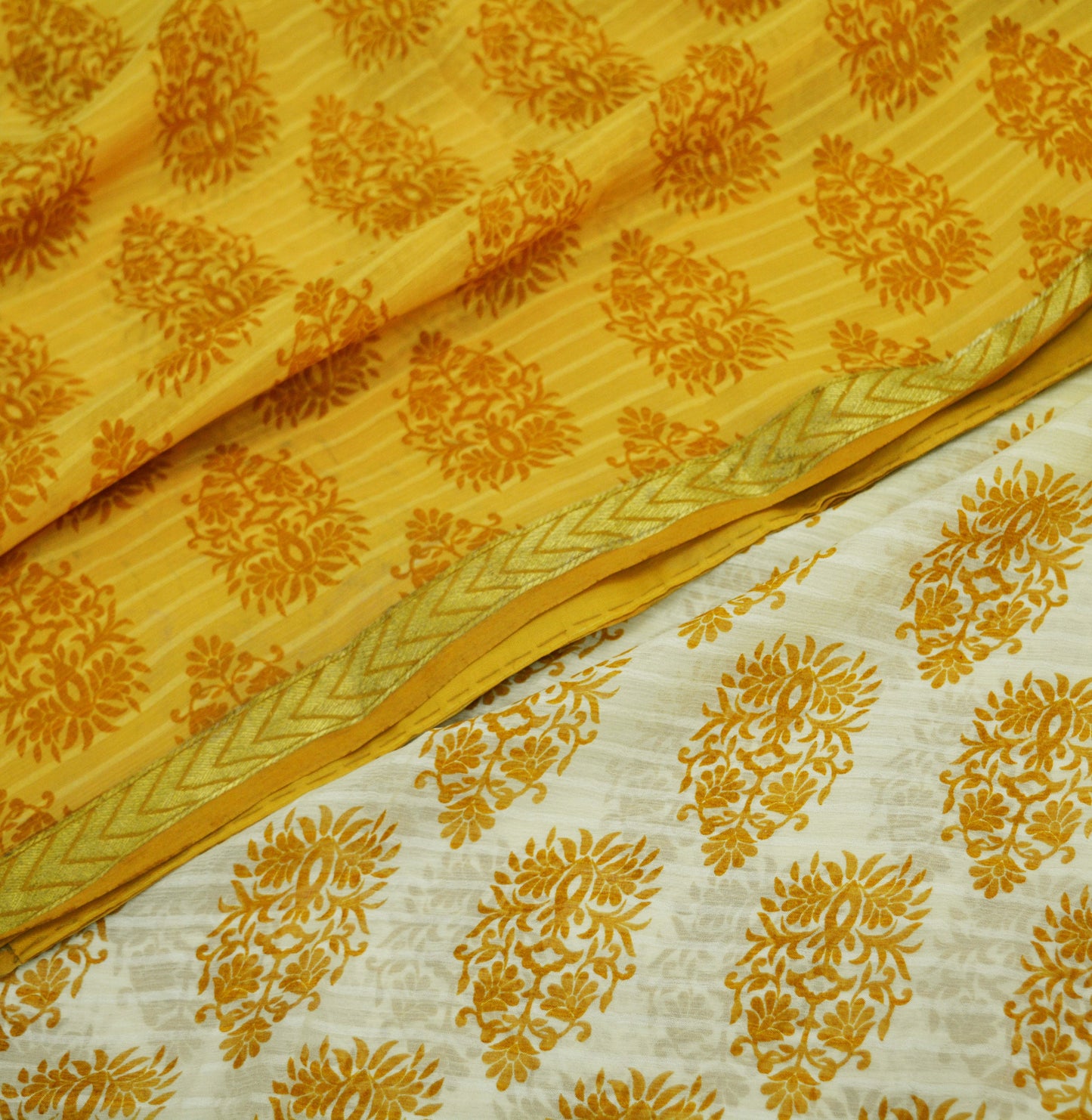 Women Vintage Sari Yellow & Ivory Pure Chiffon Silk Printed Sarees 6Yd Craft Fabric Sewing Soft Light Sari Dress Making Zari