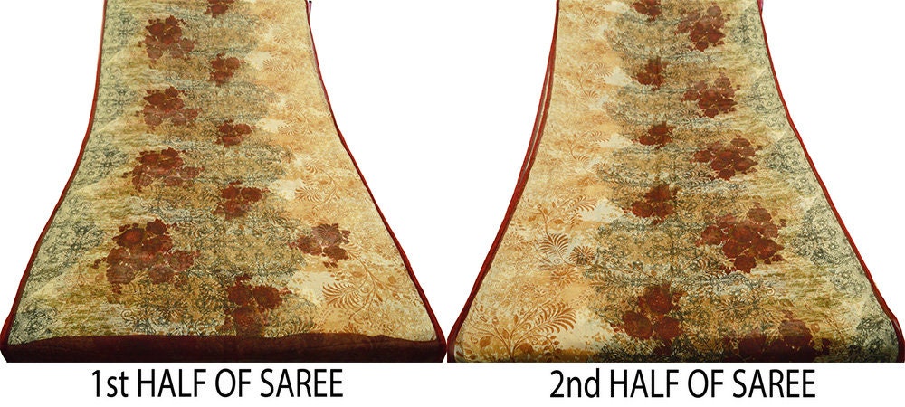 Women Vintage Sari Ivory & Beige Pure Chiffon Silk Printed Saree Craft Fabric Sewing 5Yard Soft Light Sari Dress Making