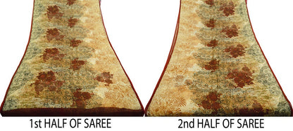 Women Vintage Sari Ivory & Beige Pure Chiffon Silk Printed Saree Craft Fabric Sewing 5Yard Soft Light Sari Dress Making