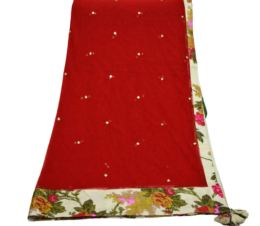 Indian Vintage Red Dupatta Net Mesh Long Stole Woven Scarves Printed border work Sequins