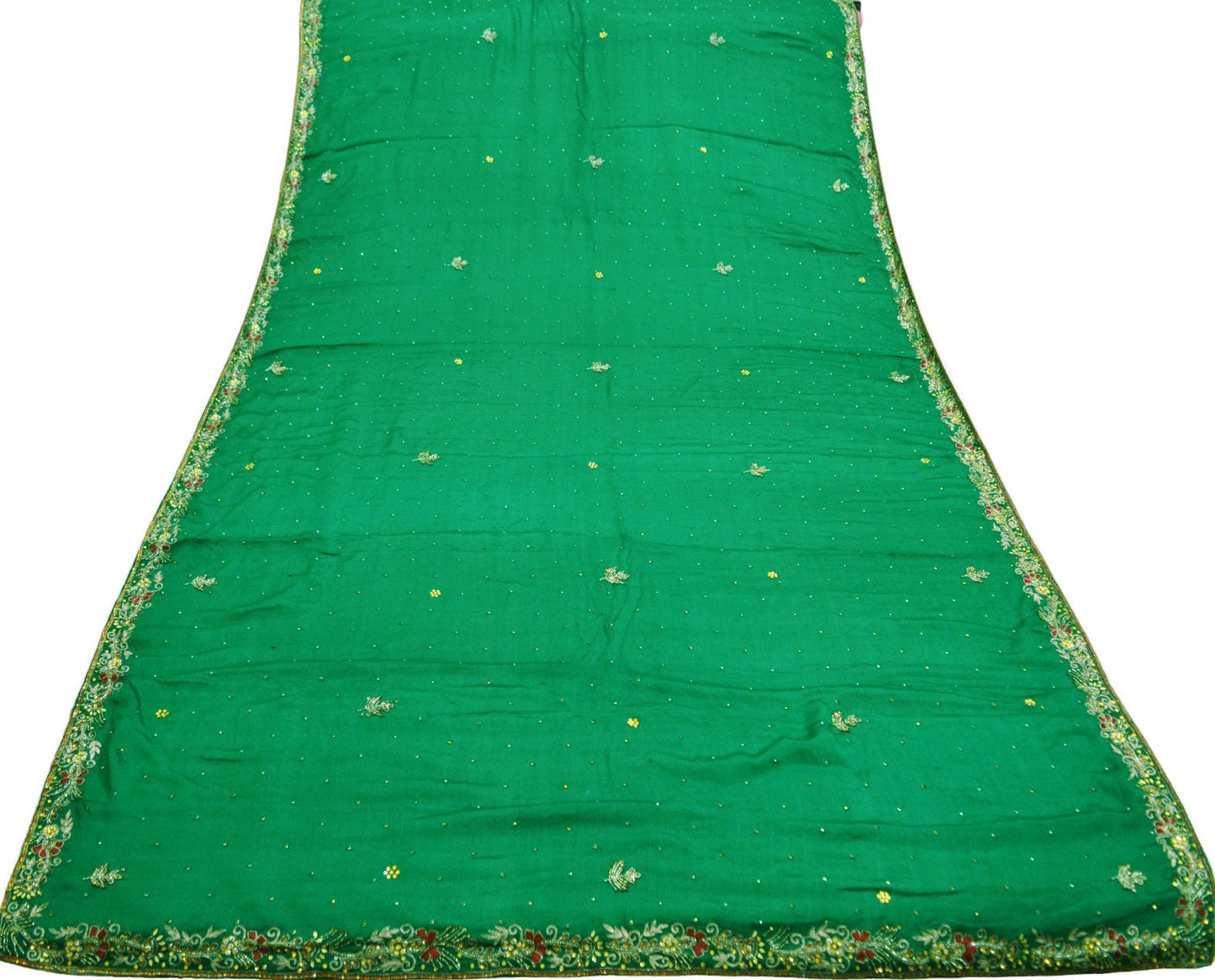 Indian Vintage Green Dupatta Pure silk Long Stole Hand Embroidered Scarves Sequins Stole Zari