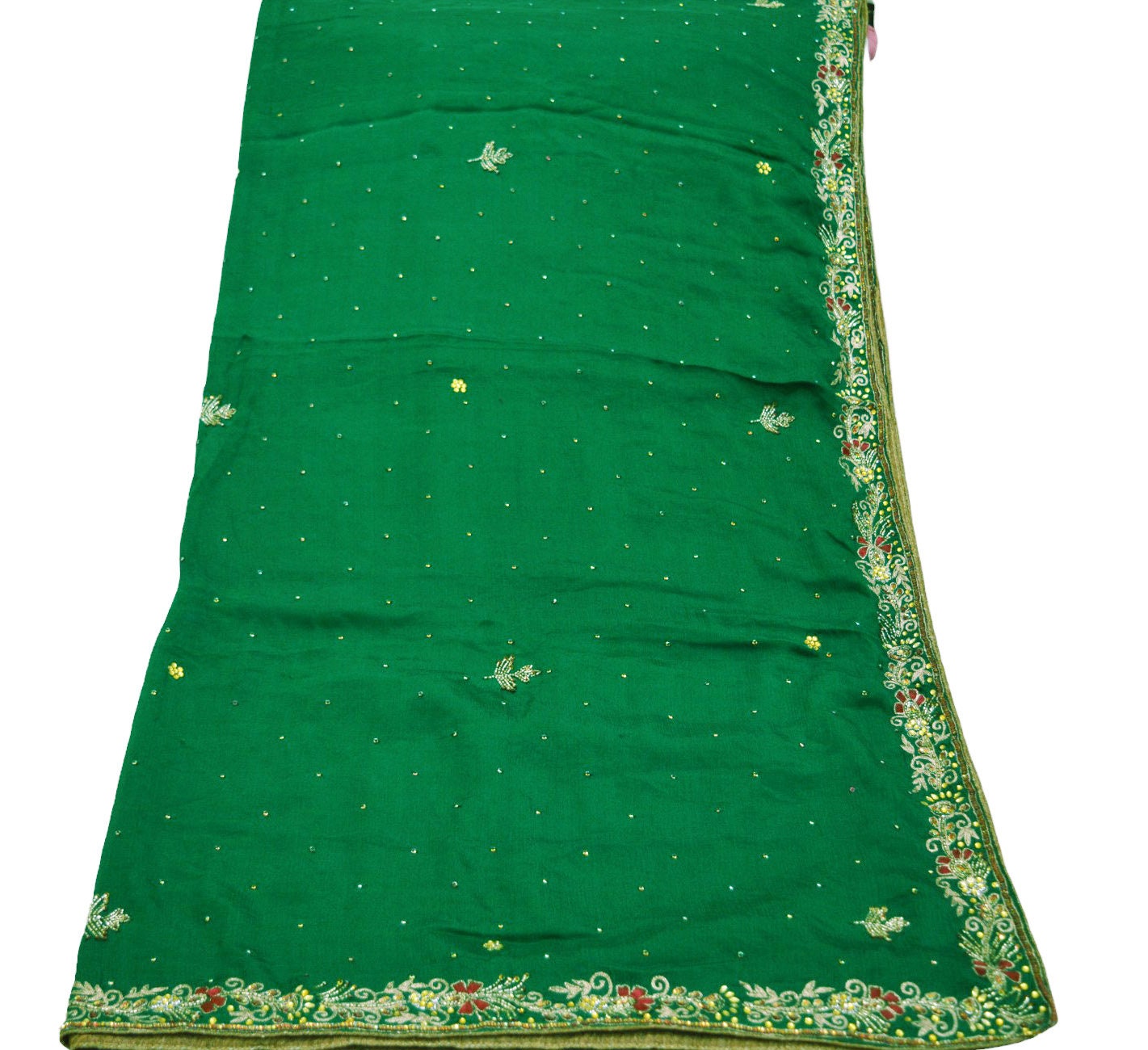 Indian Vintage Green Dupatta Pure silk Long Stole Hand Embroidered Scarves Sequins Stole Zari