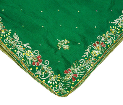 Indian Vintage Green Dupatta Pure silk Long Stole Hand Embroidered Scarves Sequins Stole Zari