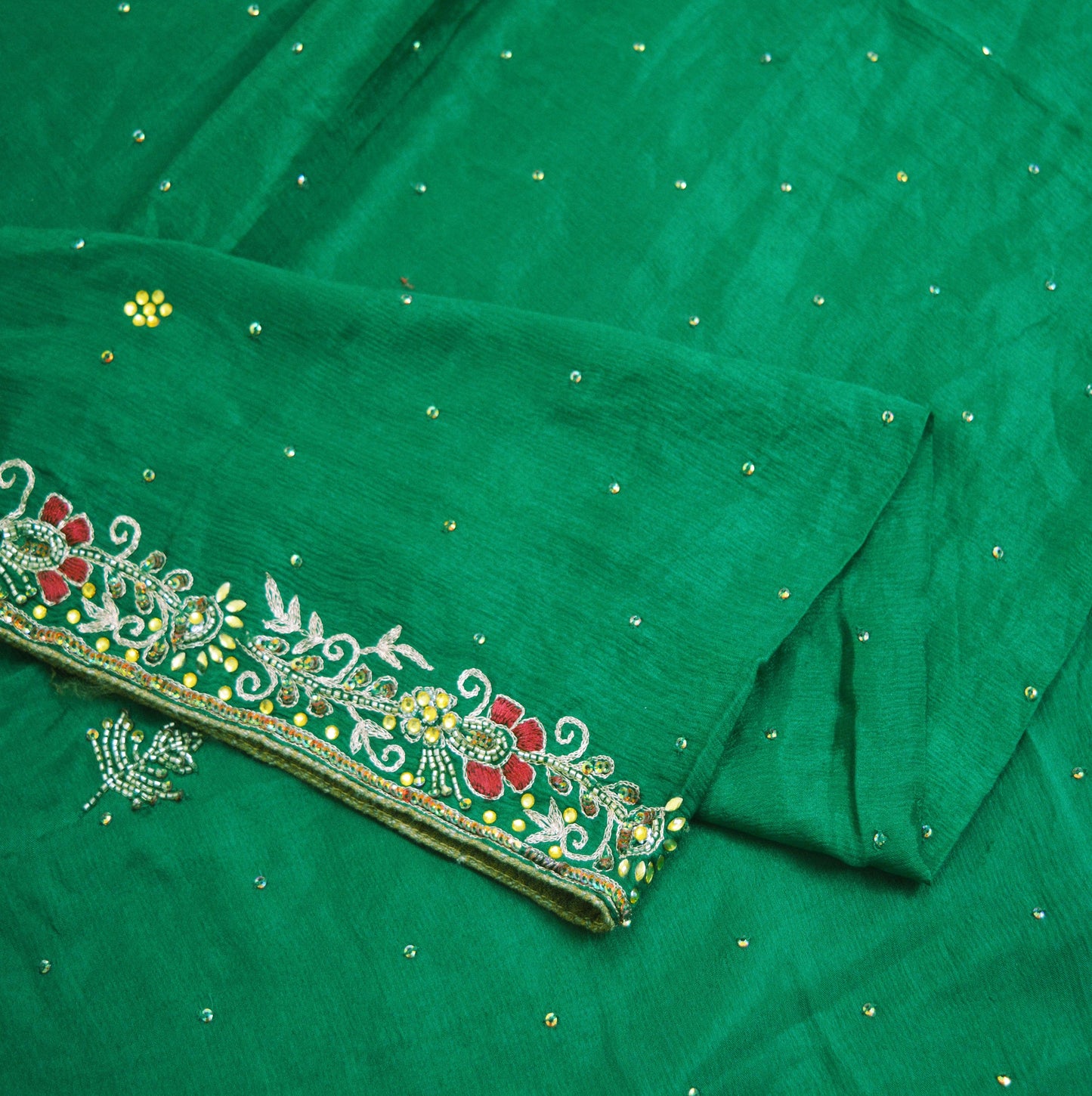 Indian Vintage Green Dupatta Pure silk Long Stole Hand Embroidered Scarves Sequins Stole Zari