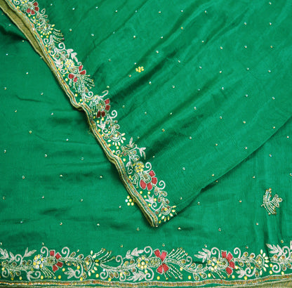 Indian Vintage Green Dupatta Pure silk Long Stole Hand Embroidered Scarves Sequins Stole Zari