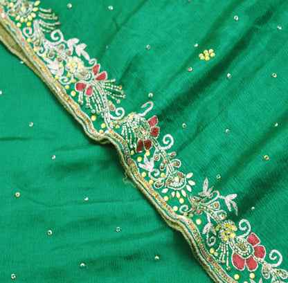 Indian Vintage Green Dupatta Pure silk Long Stole Hand Embroidered Scarves Sequins Stole Zari