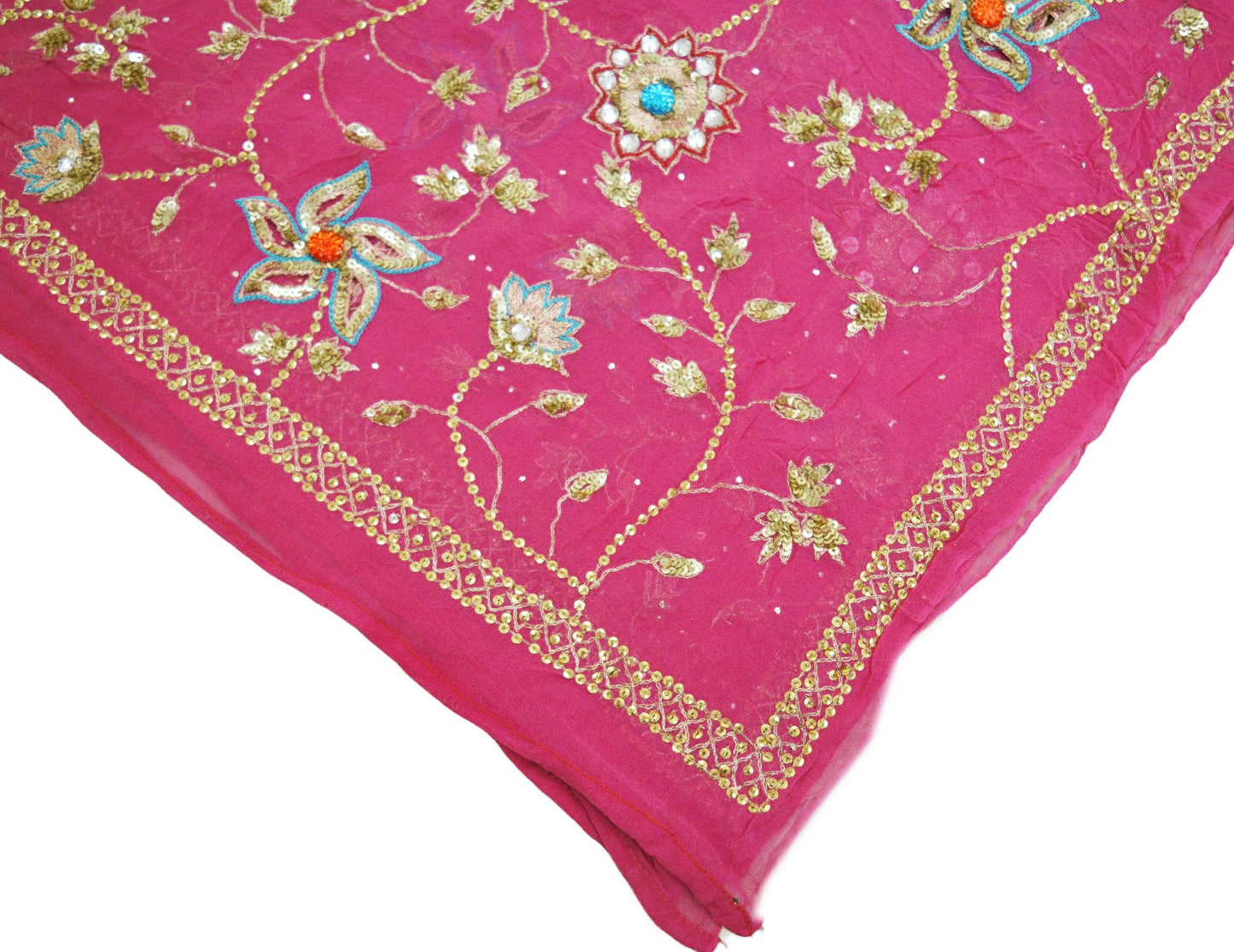 Indian Vintage Heavy Pink Dupatta Pure Georgette Silk Long Stole Hand Embroidered Scarf Zari Zardozi