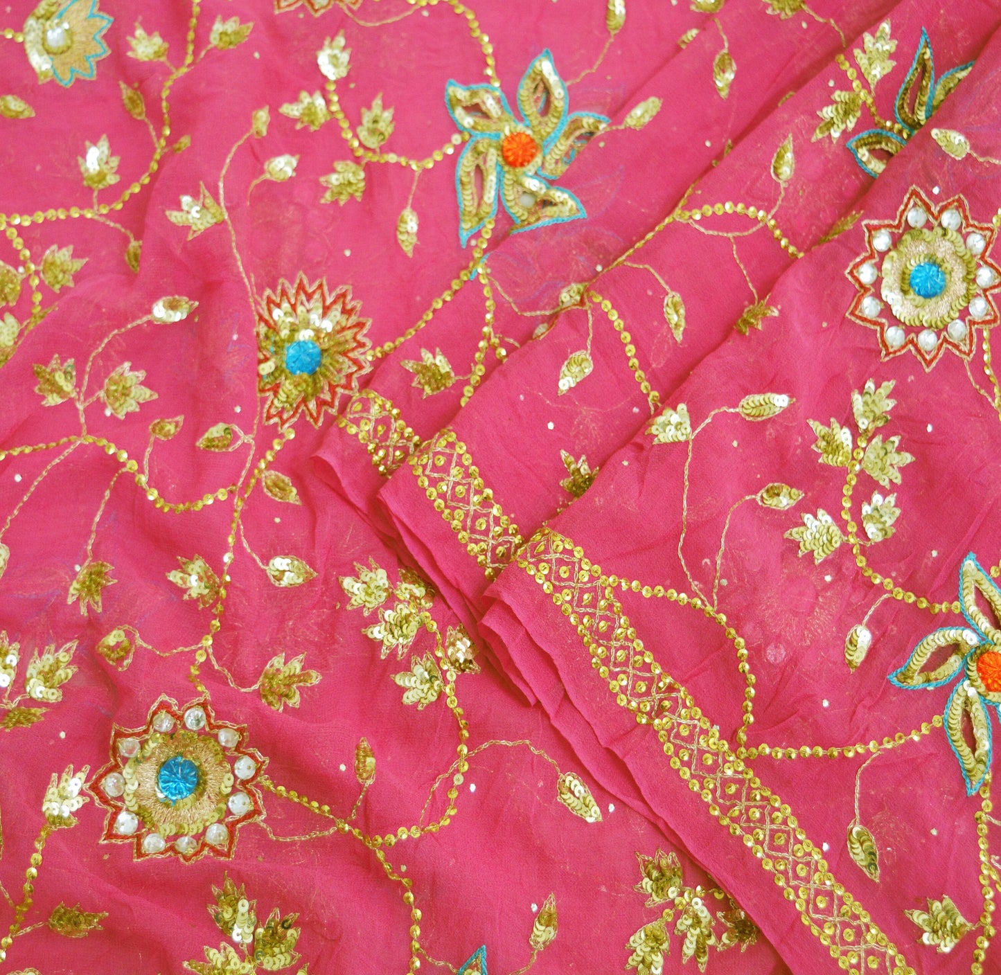 Indian Vintage Heavy Pink Dupatta Pure Georgette Silk Long Stole Hand Embroidered Scarf Zari Zardozi