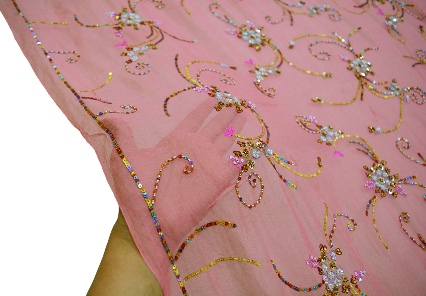 Indian Vintage Pink Dupatta Pure Georgette silk Long Stole Hand Embroidered Scarves Stole Veil Wrap Sequins