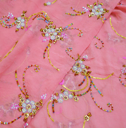 Indian Vintage Pink Dupatta Pure Georgette silk Long Stole Hand Embroidered Scarves Stole Veil Wrap Sequins