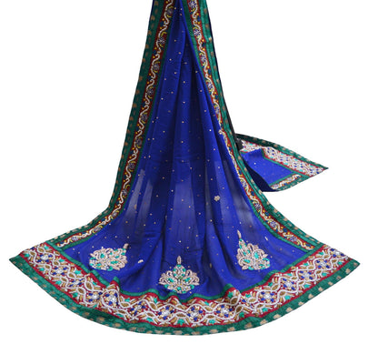 Indian Vintage Heavy Royal Blue Dupatta Pure Georgette Silk Long Stole Hand Embroidered Gota Patti Scarves Zardozi