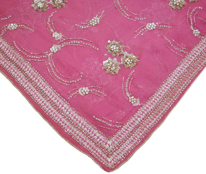 Indian Vintage Heavy Pink Dupatta Pure Georgette Silk Long Stole Hand Embroidered Scarf Zari Zardozi