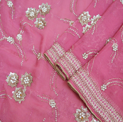 Indian Vintage Heavy Pink Dupatta Pure Georgette Silk Long Stole Hand Embroidered Scarf Zari Zardozi