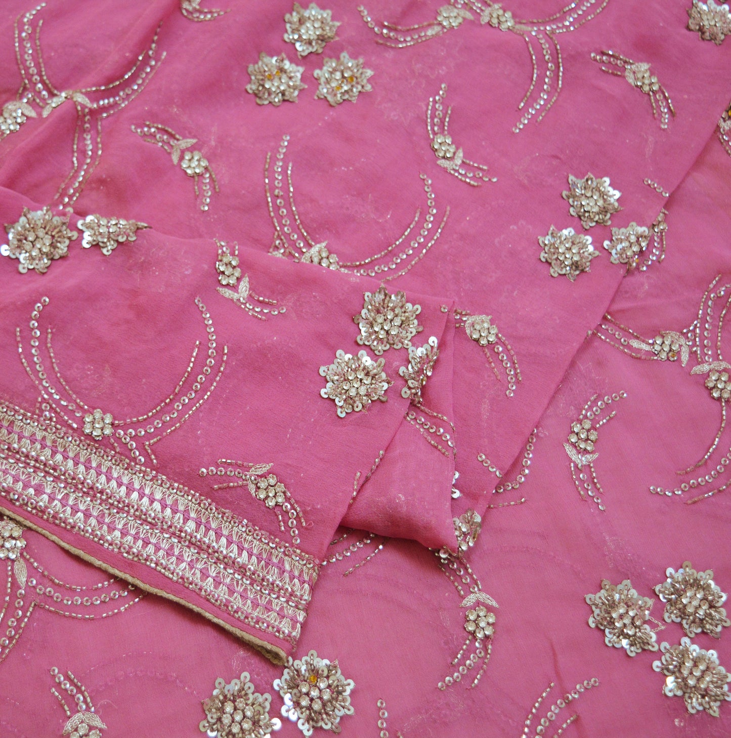 Indian Vintage Heavy Pink Dupatta Pure Georgette Silk Long Stole Hand Embroidered Scarf Zari Zardozi