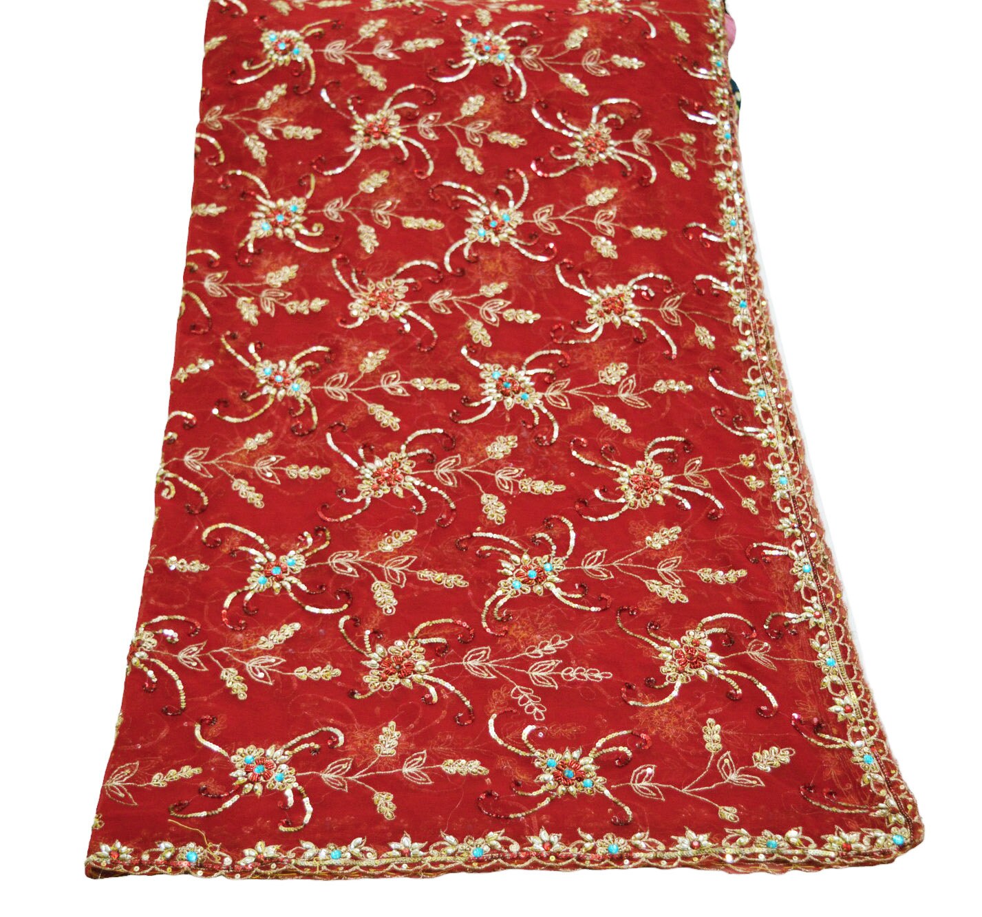 Indian Vintage Heavy Red Dupatta Georgette Long Stole Hand Embroidered Scarf Zardozi/Dabka