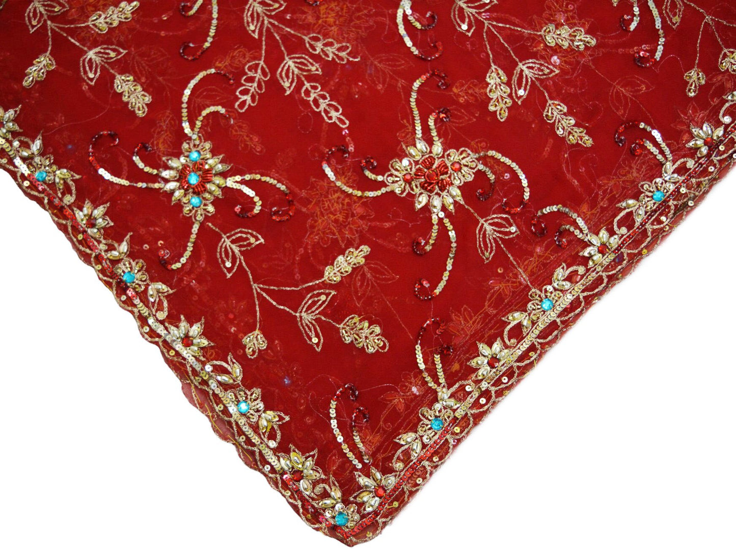 Indian Vintage Heavy Red Dupatta Georgette Long Stole Hand Embroidered Scarf Zardozi/Dabka