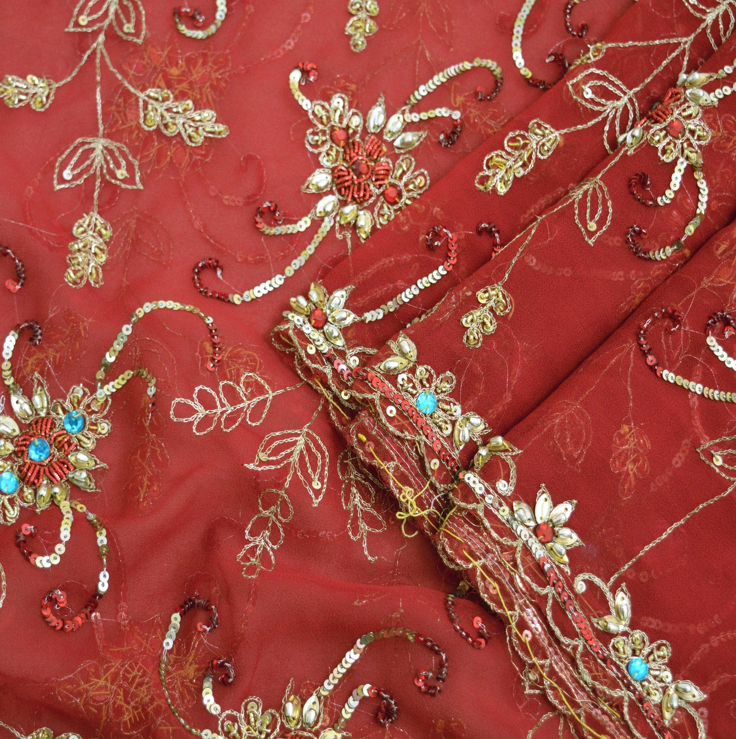 Indian Vintage Heavy Red Dupatta Georgette Long Stole Hand Embroidered Scarf Zardozi/Dabka