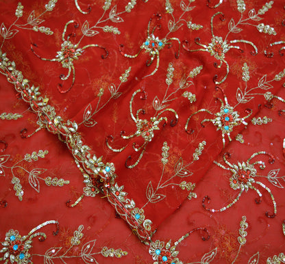 Indian Vintage Heavy Red Dupatta Georgette Long Stole Hand Embroidered Scarf Zardozi/Dabka