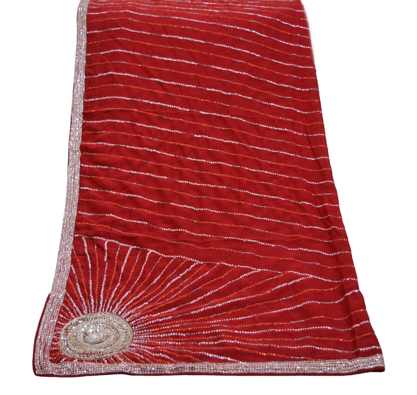 Indian Vintage Heavy Red Dupatta Pure Georgette Silk Long Stole Hand Embroidered Scarves Glass Beaded