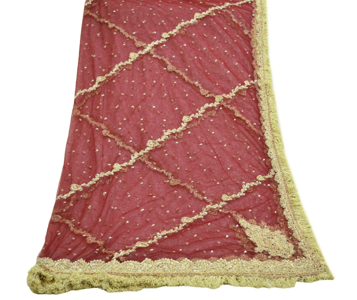 Indian Vintage Heavy Maroon Dupatta Net Mesh Long Stole Hand Embroidered Scarves Zardozi/ Dabka Zari Sequins Stole