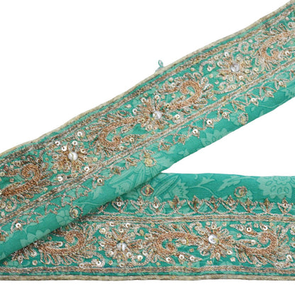 Indian Vintage Green Sari Border Hand Embroidered Indian Craft Trim Lace Sewing Sari Ribbon Pure Crepe silk Zari