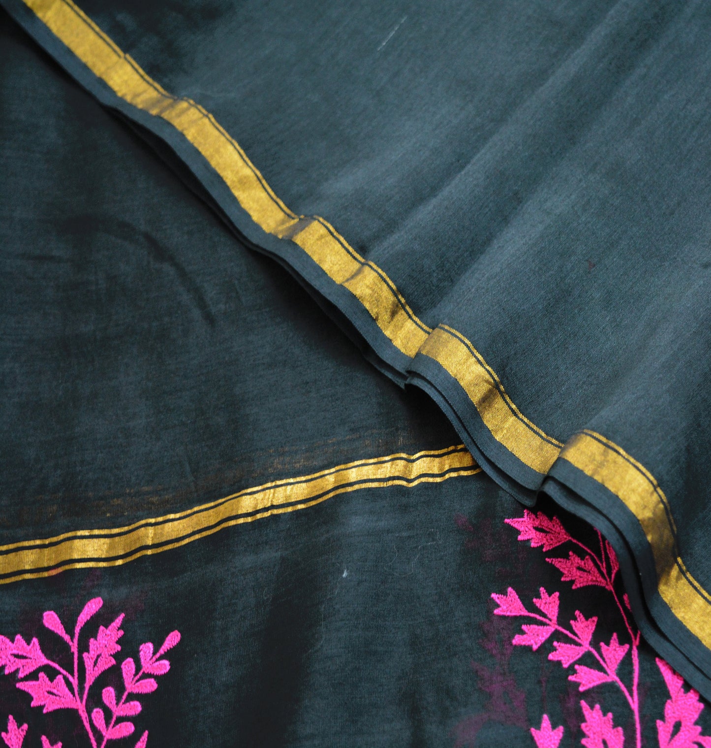 Indian Vintage Black Dupatta Long Stole Block Print Pure Chanderi Silk Indian Scarves Veil Zari