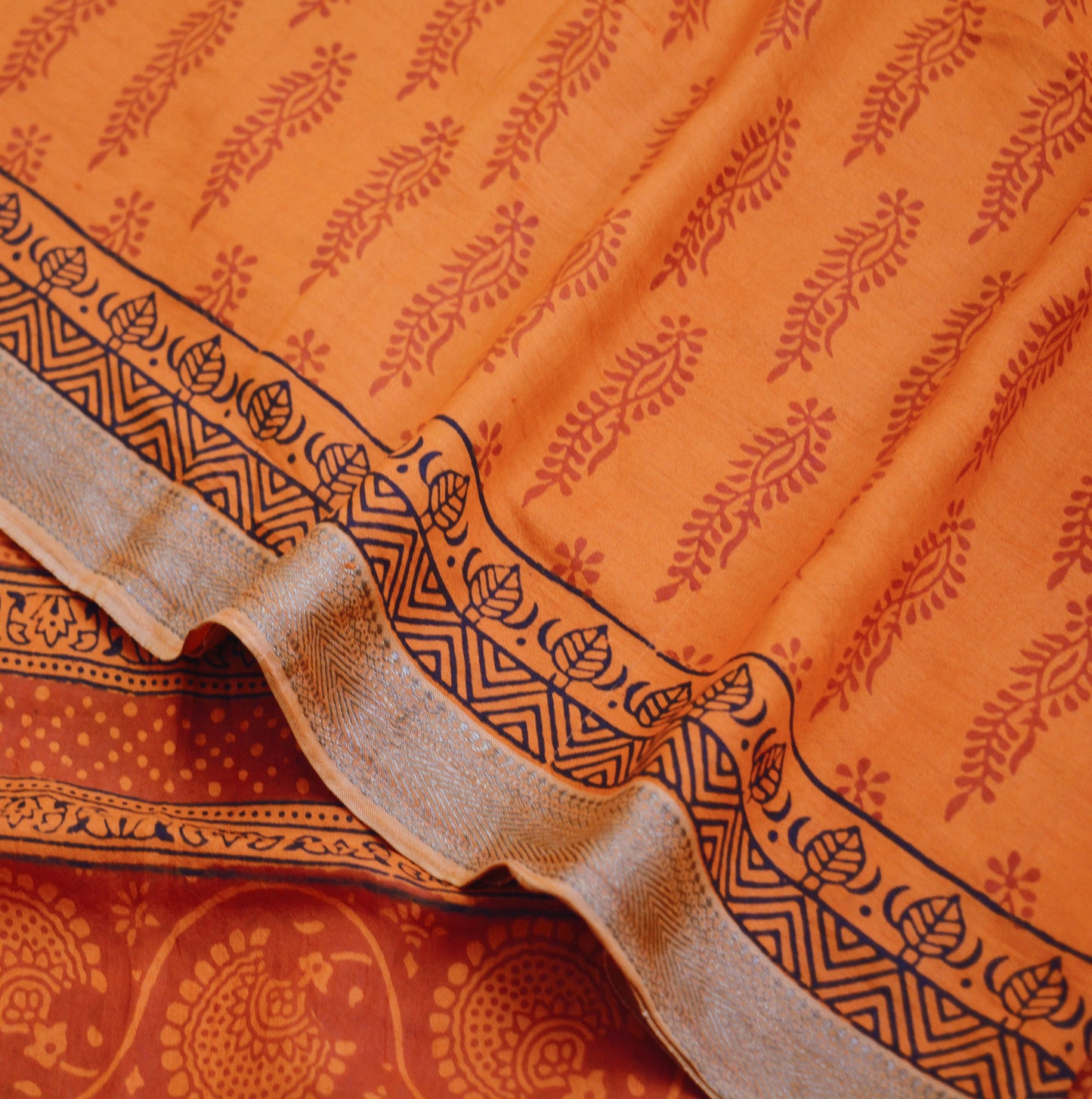 Indian Vintage Orange Dupatta Long Stole Block Print Pure Chanderi Silk Indian Scarves Veil Golden Zari Soft Floral Design