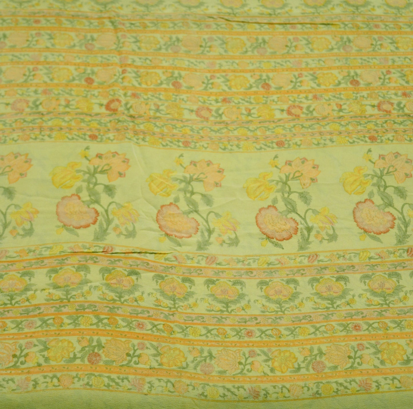 Indian Women Vintage Sari Lemon Green 100% Pure Georgette Silk Printed Saree Sewing 5yard Soft Craft Floral Design Wrap Boho