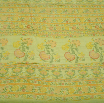 Indian Women Vintage Sari Lemon Green 100% Pure Georgette Silk Printed Saree Sewing 5yard Soft Craft Floral Design Wrap Boho