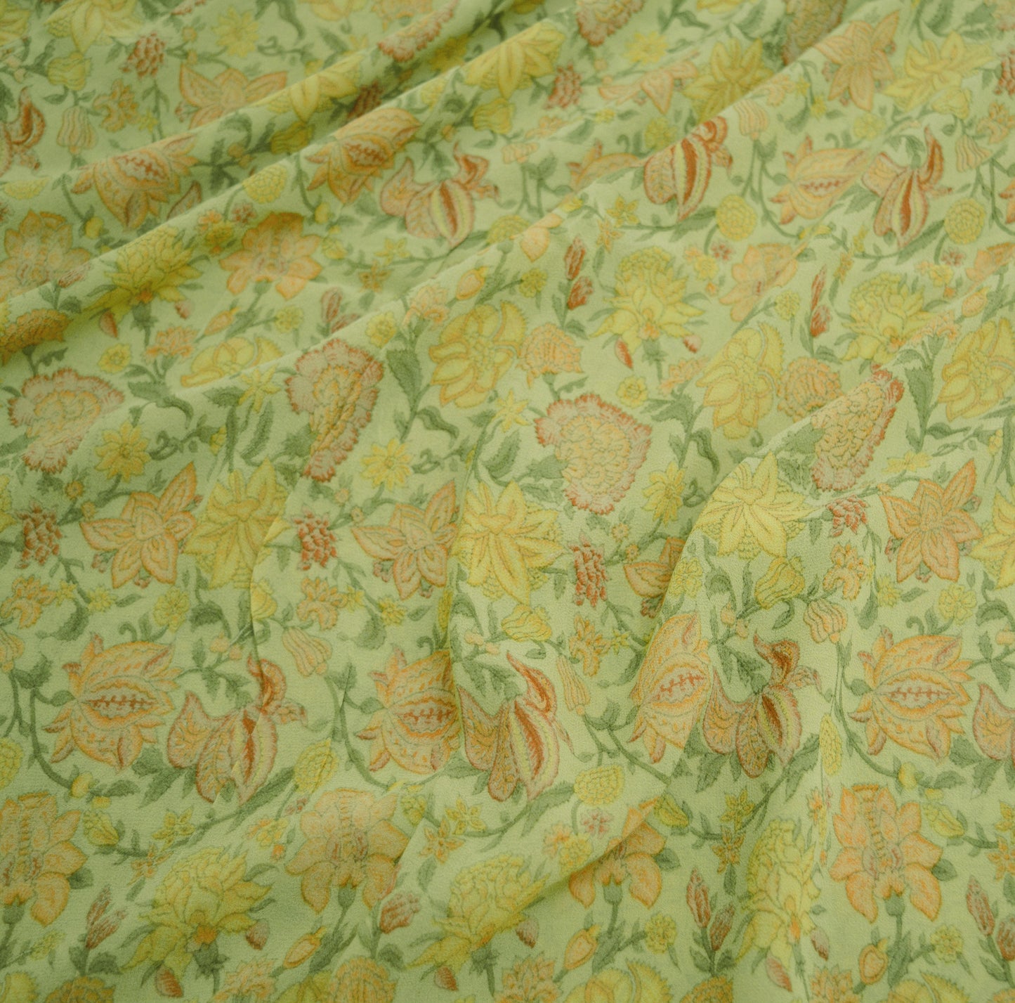 Indian Women Vintage Sari Lemon Green 100% Pure Georgette Silk Printed Saree Sewing 5yard Soft Craft Floral Design Wrap Boho