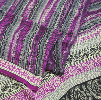 Women Vintage Sari Purple  100% Pure Georgette Silk Printed Saree Craft Fabric Sewing 5Yard Soft Sari Dress Making