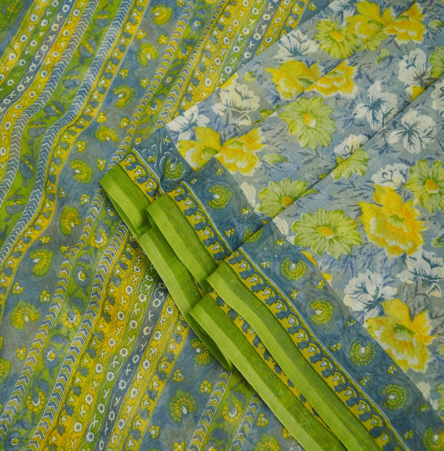 Indian Vintage Sari Gray & Green Pure Chiffon Silk Printed Indian Saree Craft Fabric Sewing 5Yard Soft Light Weight Sari Dress Making Floral