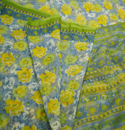 Indian Vintage Sari Gray & Green Pure Chiffon Silk Printed Indian Saree Craft Fabric Sewing 5Yard Soft Light Weight Sari Dress Making Floral