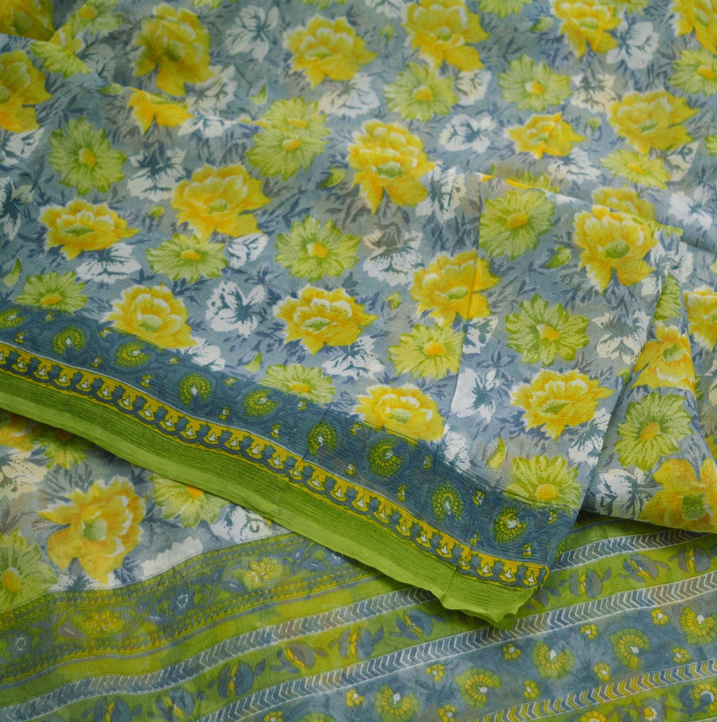 Indian Vintage Sari Gray & Green Pure Chiffon Silk Printed Indian Saree Craft Fabric Sewing 5Yard Soft Light Weight Sari Dress Making Floral