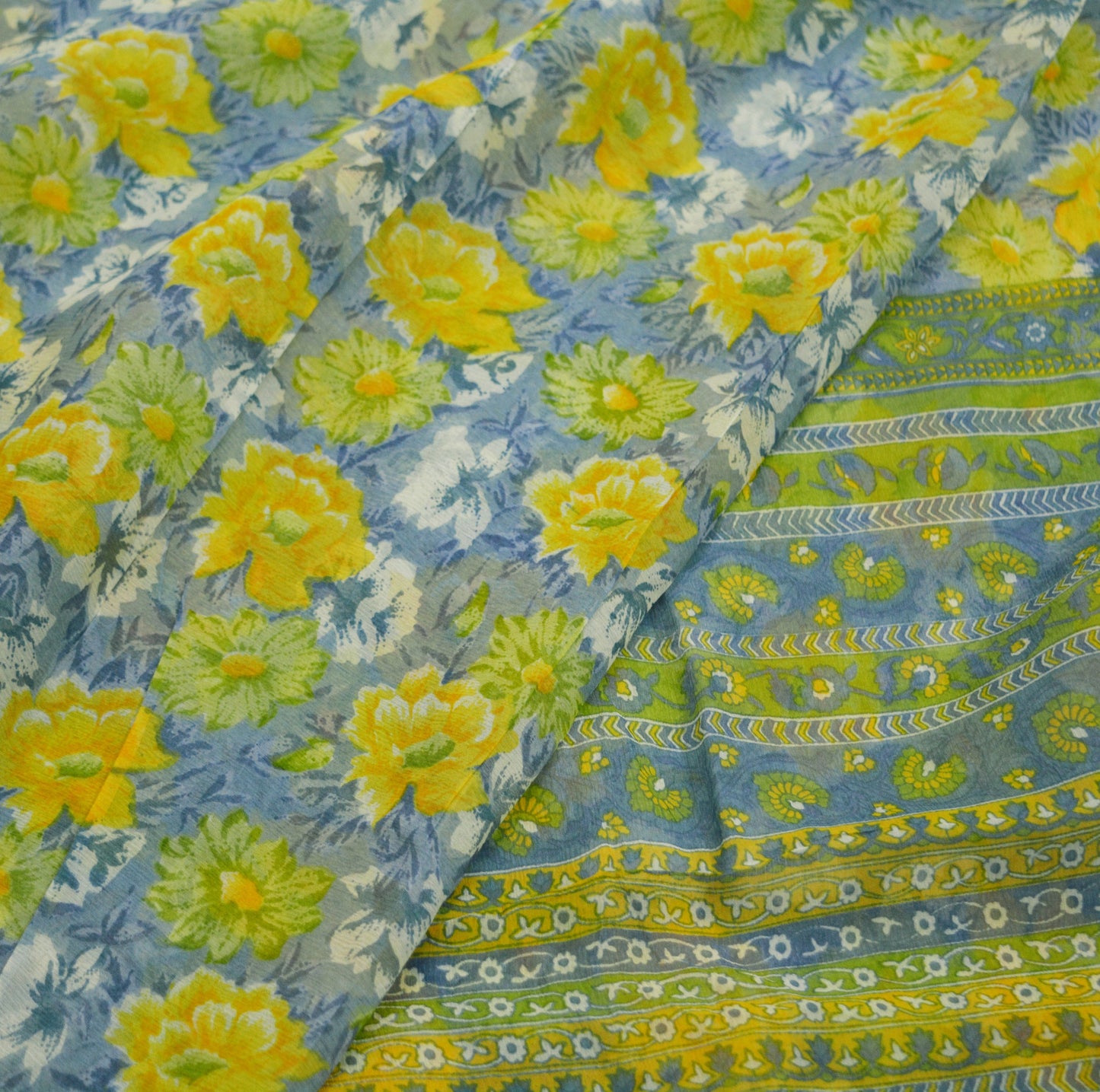 Indian Vintage Sari Gray & Green Pure Chiffon Silk Printed Indian Saree Craft Fabric Sewing 5Yard Soft Light Weight Sari Dress Making Floral