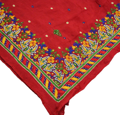 Indian Vintage Red Dupatta Pure silk Long Stole Hand Embroidered Scarves Floral Stole Veil Wrap