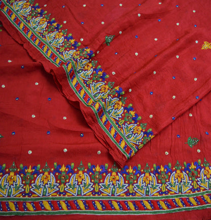 Indian Vintage Red Dupatta Pure silk Long Stole Hand Embroidered Scarves Floral Stole Veil Wrap