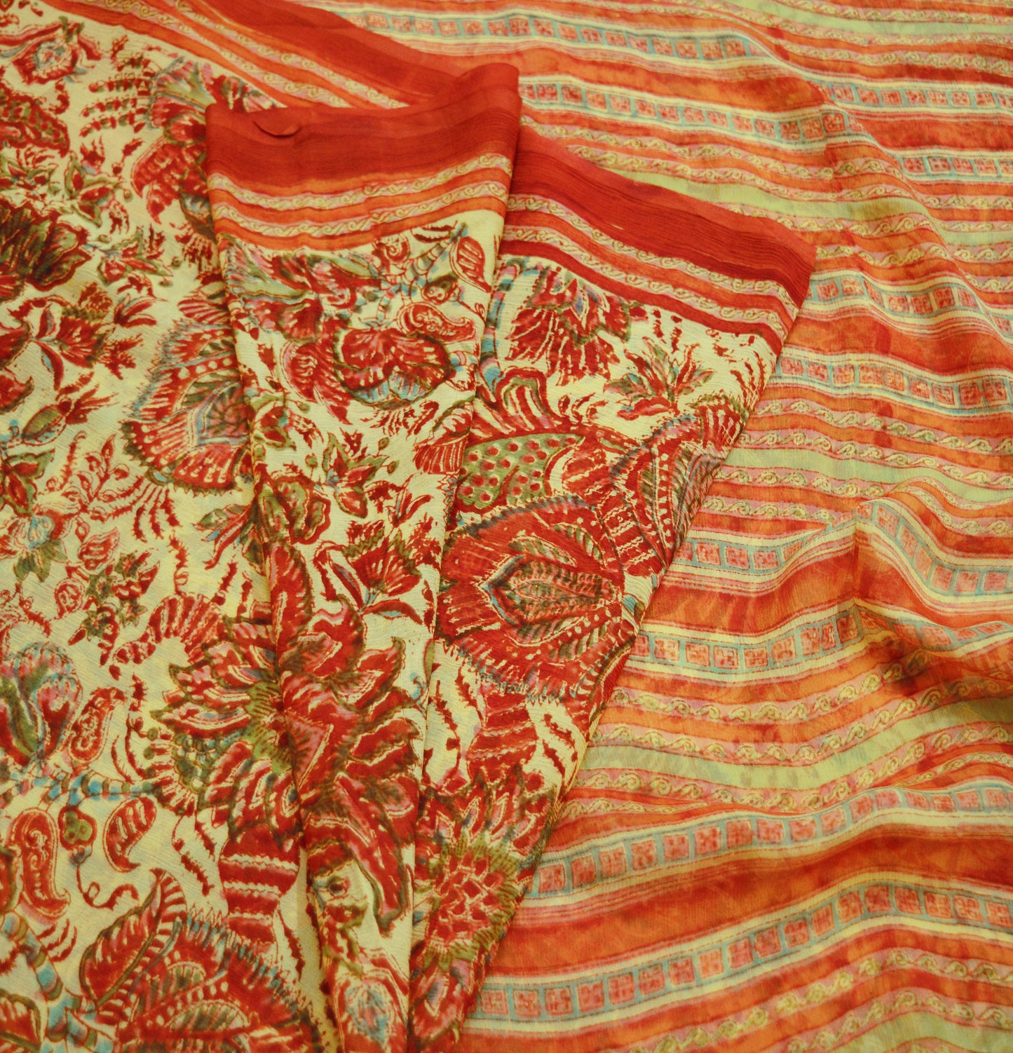 Women Vintage Sari Beige & red Pure Chiffon Silk Block Printed Saree Craft Fabric Sewing 5Yard Soft Light Sari Dress Making